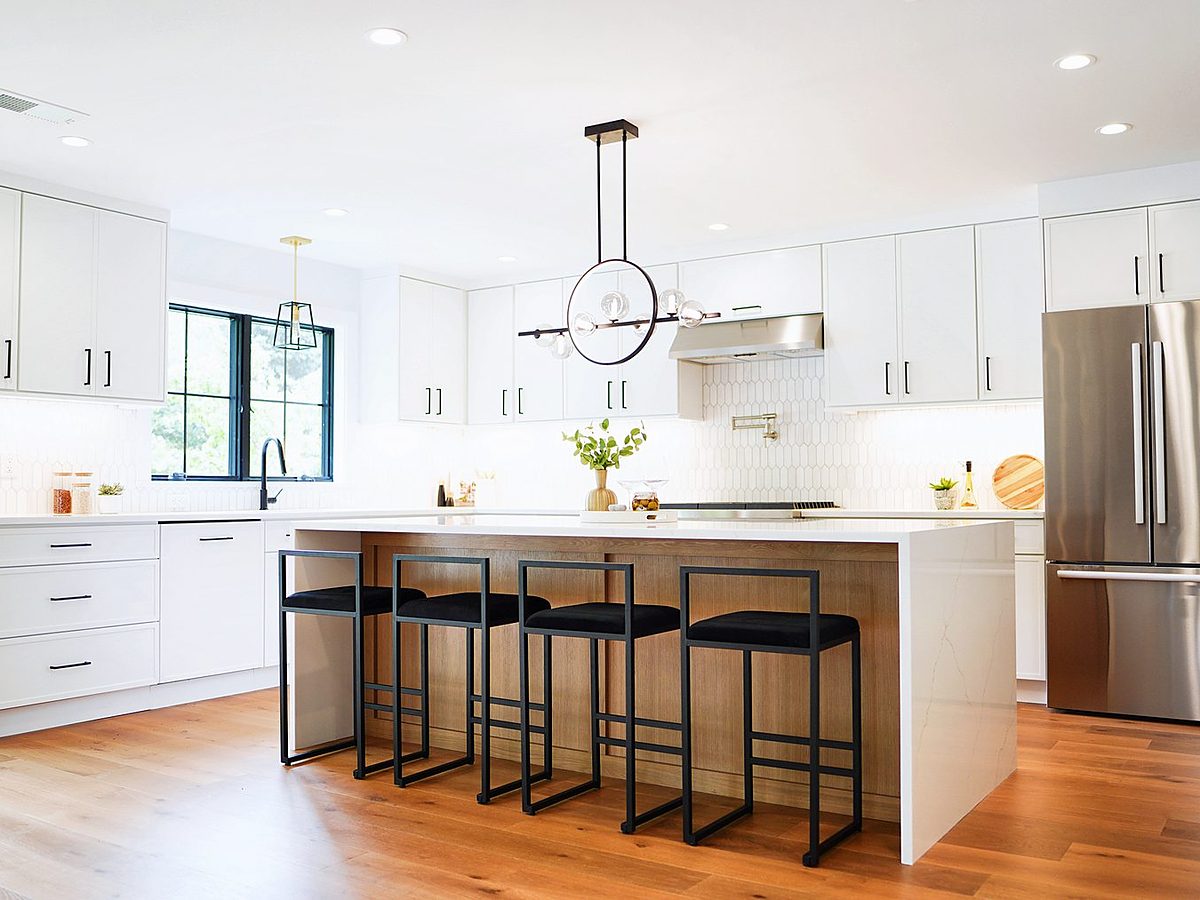Forevermark Petit White kitchen with a Petit Oak island, Cranford NJ