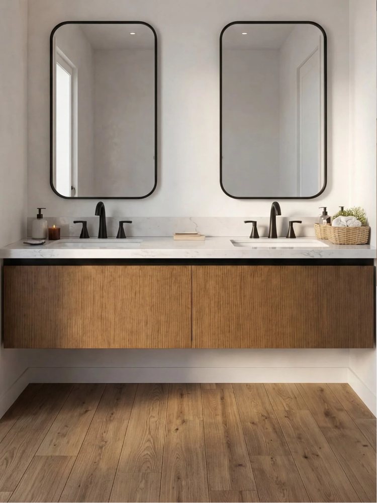 NOMA Reeded Vanity Front cabinet door in reeded white oak on the wall-hung vanity