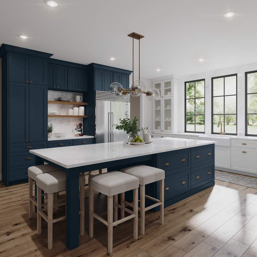 Adornus Newport kitchen in navy with a white island — manufacturer photo