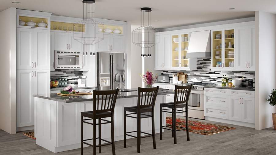 Adornus Vail white kitchen with black counters and open shelving — manufacturer photo