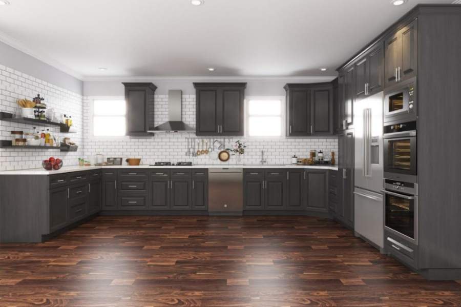 21st Century Wildwood deep-grey kitchen with open shelving — manufacturer photo