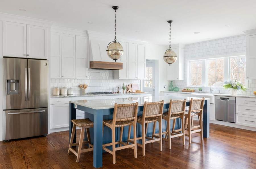 Crystal Stirling door in white with a Nautical blue island — Crystal Cabinets photo
