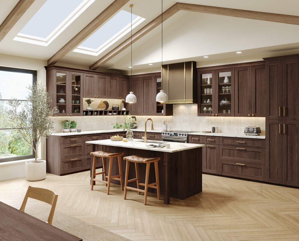 Forevermark dark wood kitchen with a vaulted ceiling — manufacturer photo