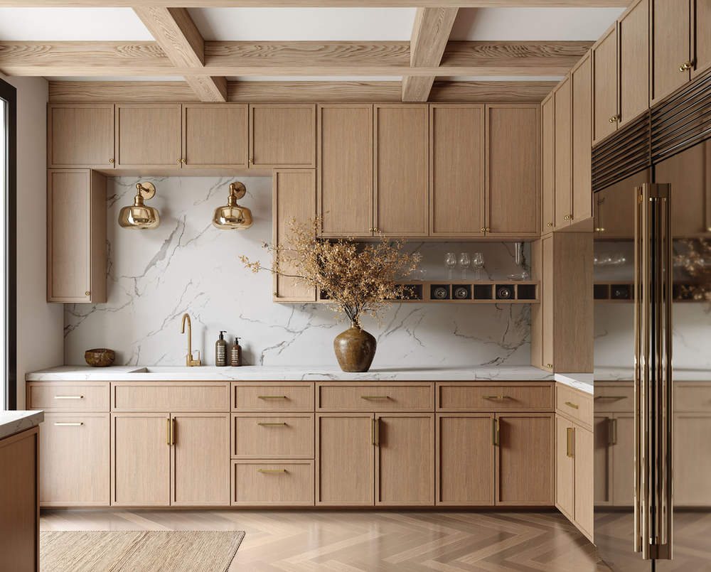 Forevermark light oak kitchen with a marble backsplash — manufacturer photo