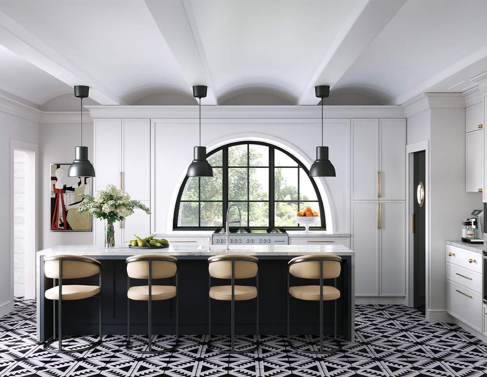 Forevermark white kitchen with a black island and arched window — manufacturer photo