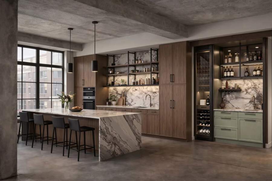 NOMA walnut kitchen with a marble-look waterfall island and a sage bar — manufacturer photo