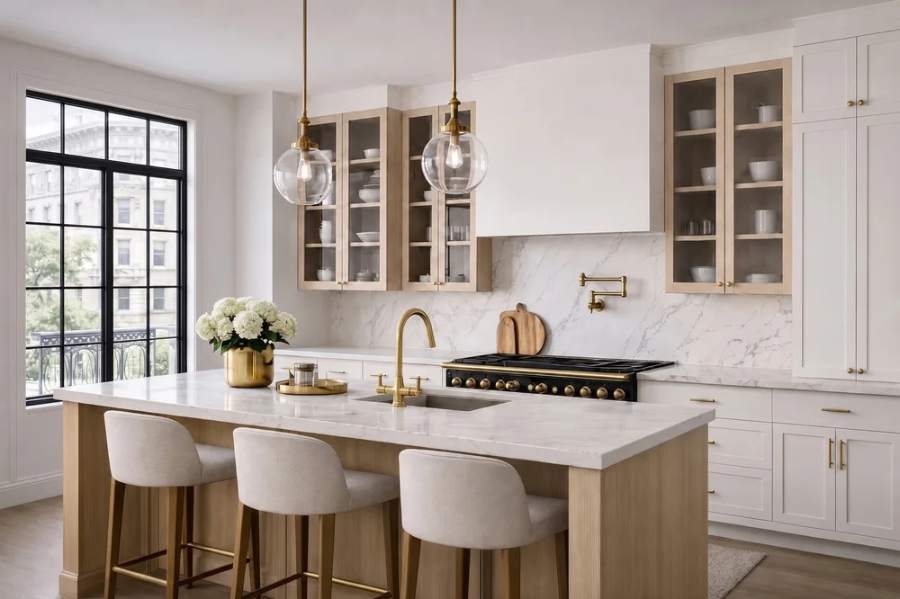 NOMA white kitchen with a natural oak island and brass pendants — manufacturer photo