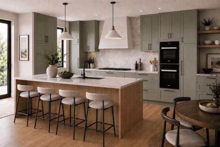 NOMA sage green kitchen with an oak island — manufacturer photo