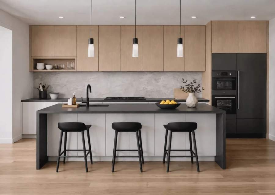 NOMA light oak and white kitchen with a dark grey island — manufacturer photo