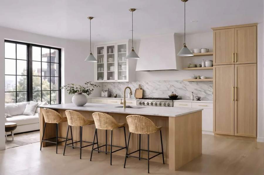 NOMA white oak kitchen with a marble-look island — manufacturer photo