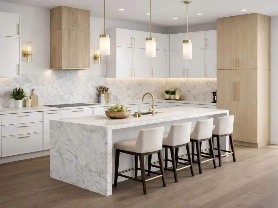 NOMA white kitchen with a marble-look backsplash and island — manufacturer photo