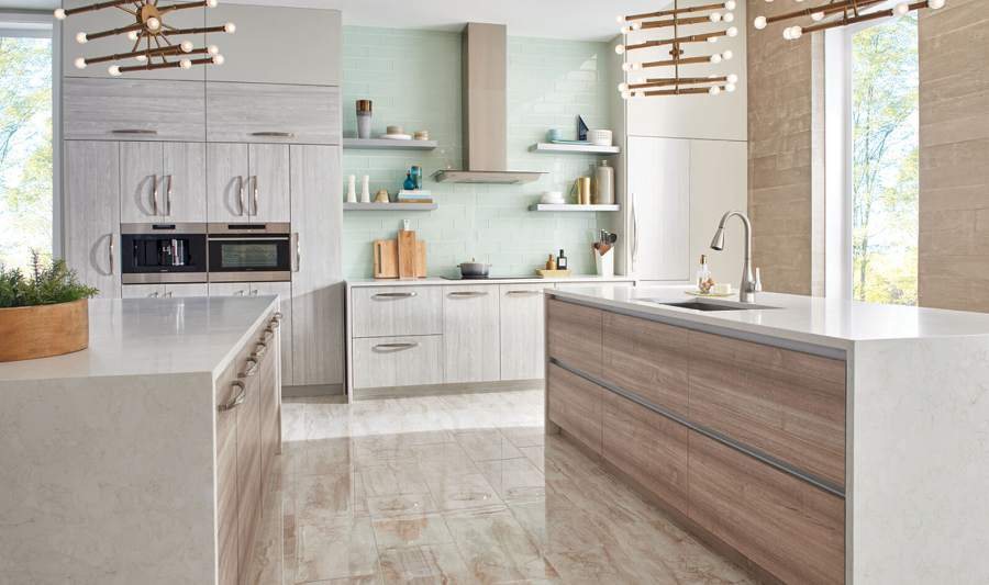 Plain & Fancy contemporary kitchen with a wood-grain island — manufacturer photo