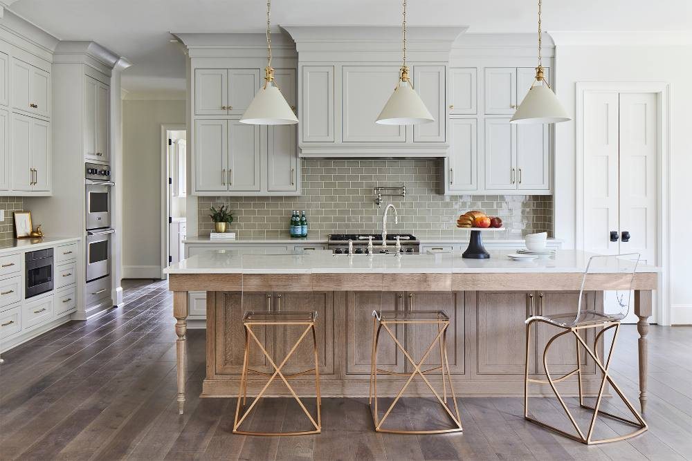 Repose Gray on maple, flush inset Essex door; Clay island on quarter-sawn white oak — Shiloh photo