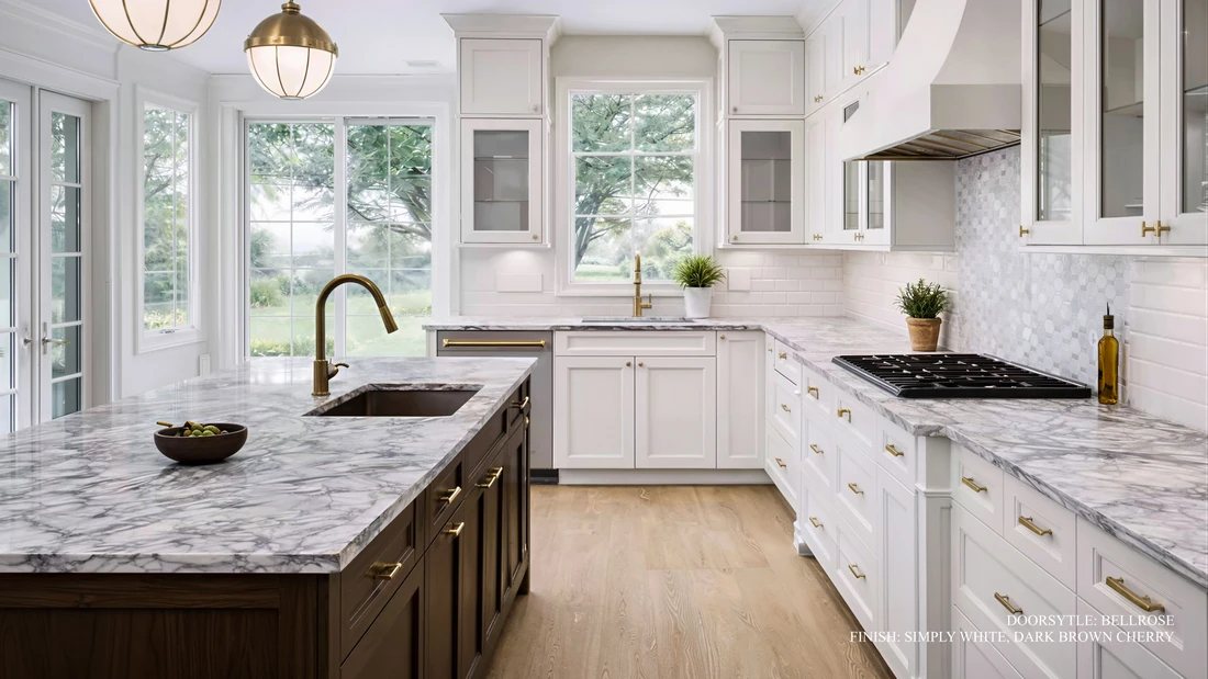 St. Martin Modern Farmhouse kitchen in Simply White with dark brown cherry — manufacturer photo