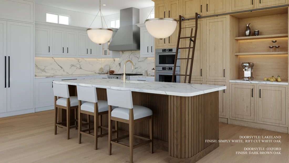 St. Martin Refined kitchen in Simply White with rift-cut white oak and dark brown oak — manufacturer photo