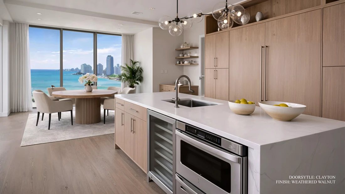 St. Martin Warm Contemporary kitchen in Weathered Walnut — manufacturer photo