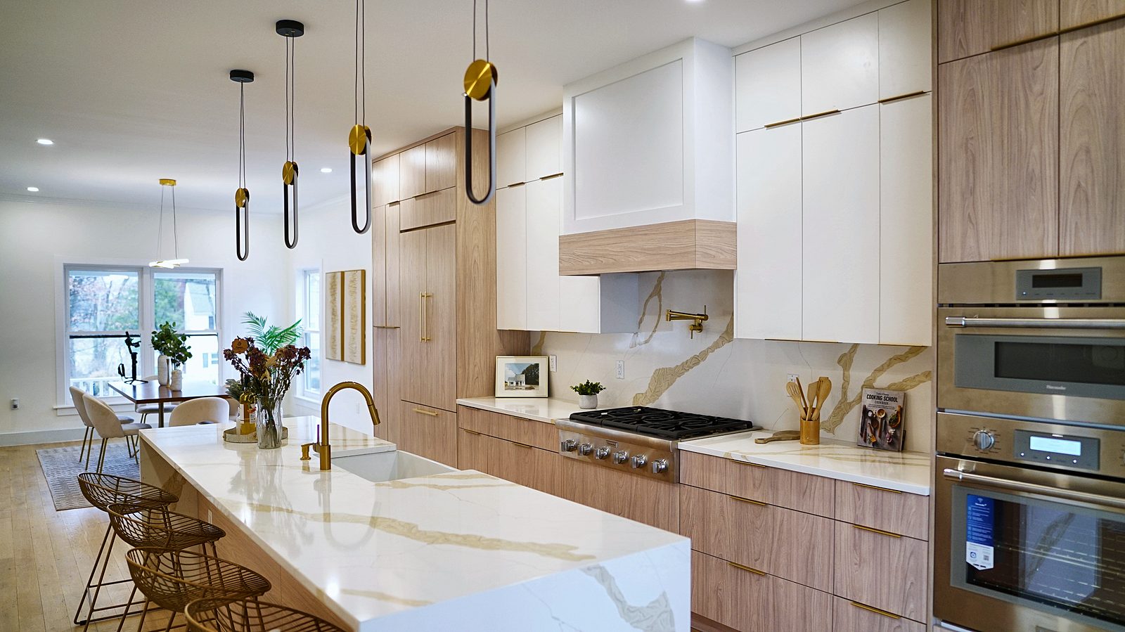 Oak refrigerator wall and white uppers