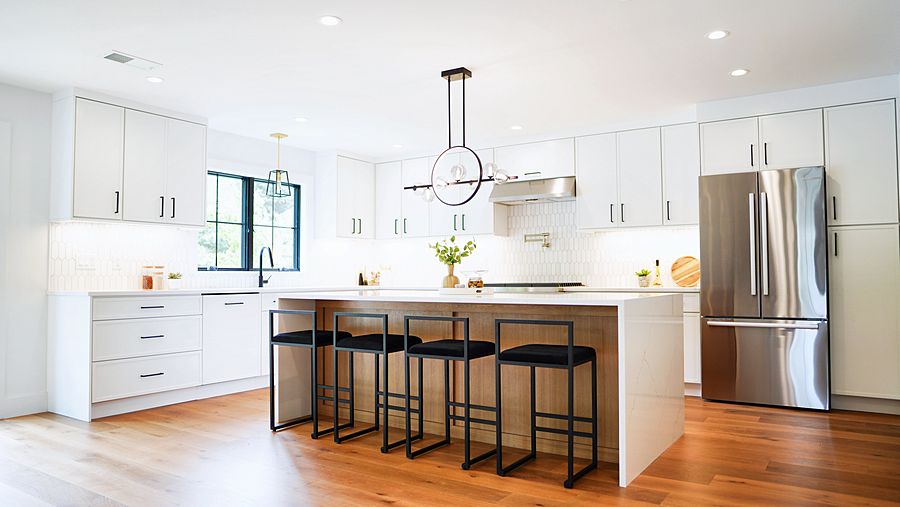 Petit White kitchen with a Petit Oak island and picket tile