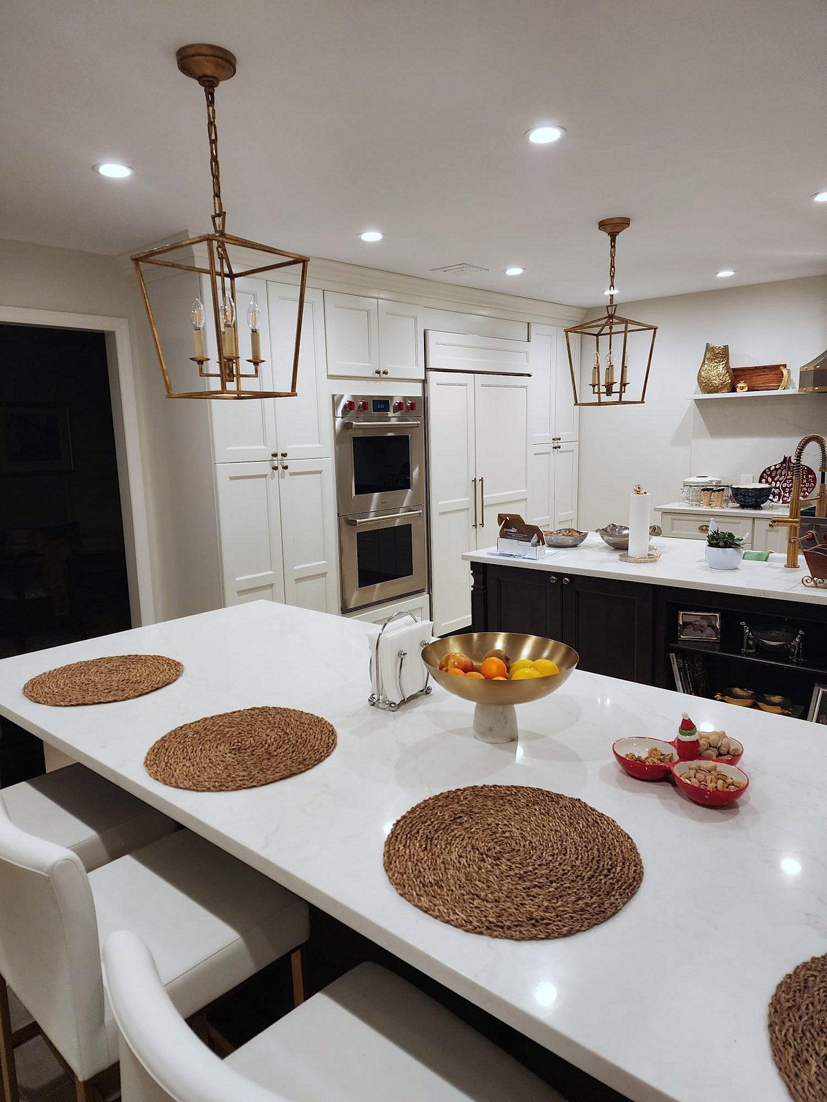 Brass cage lantern pendants — Fabuwood Fusion kitchen in Dove with a Kona island and brass lanterns