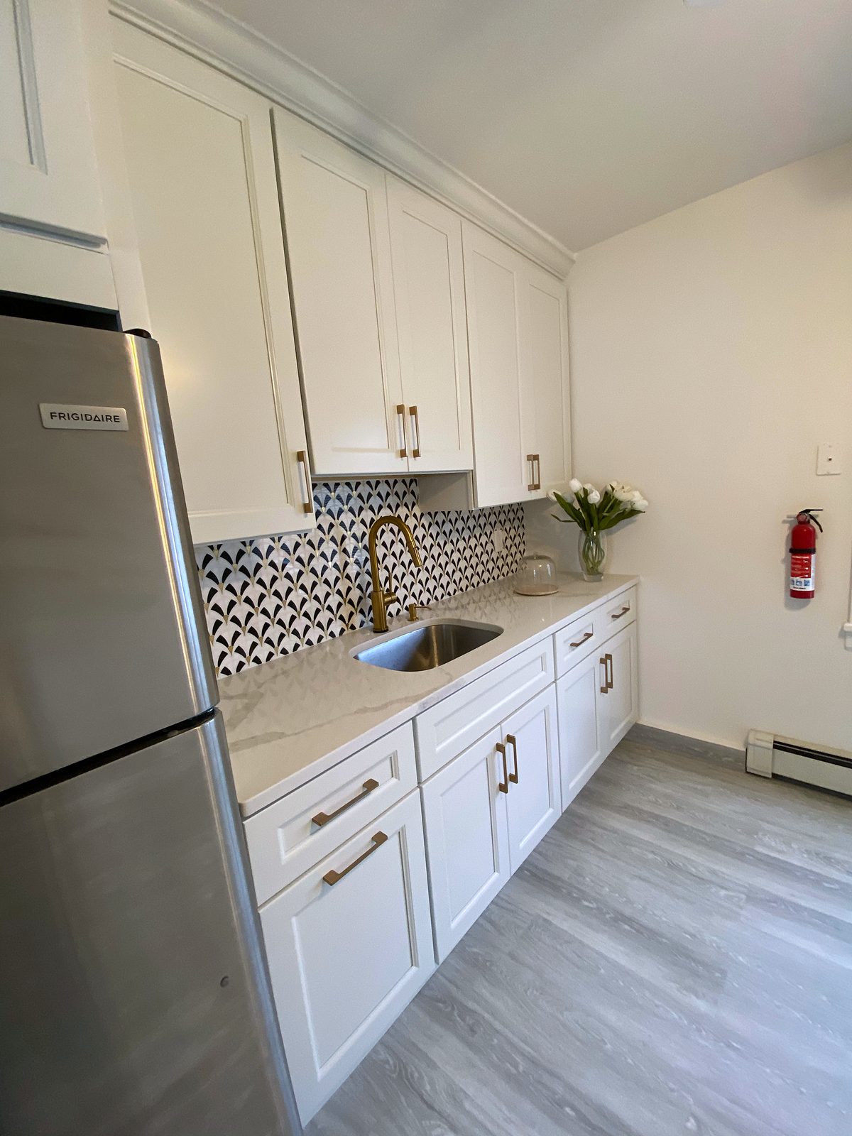 Galley layout — FGM Jupiter Ice with a waterjet mosaic backsplash