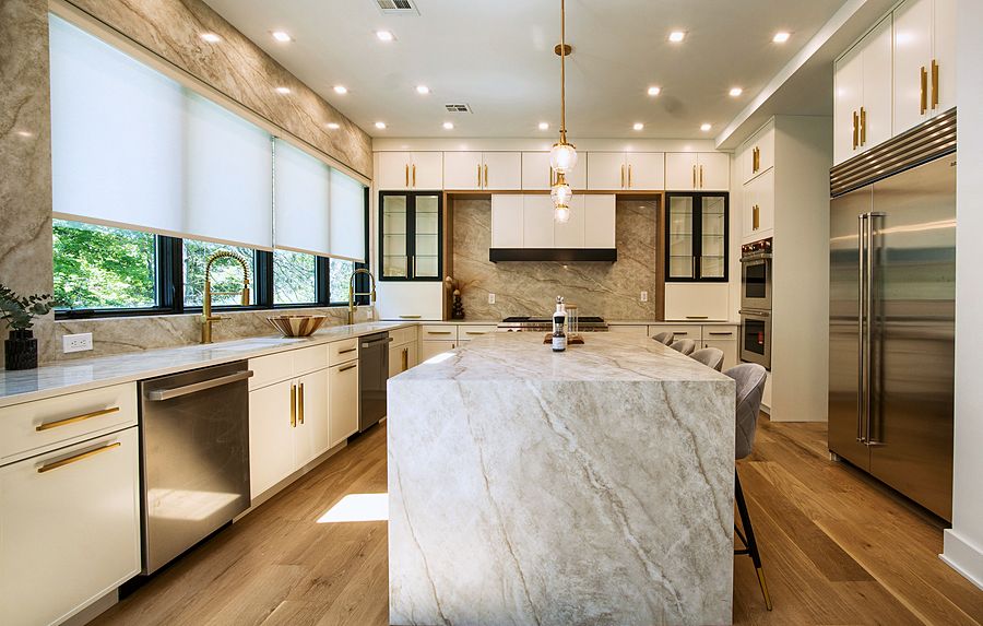 Dove and Timber kitchen with a quartzite waterfall island