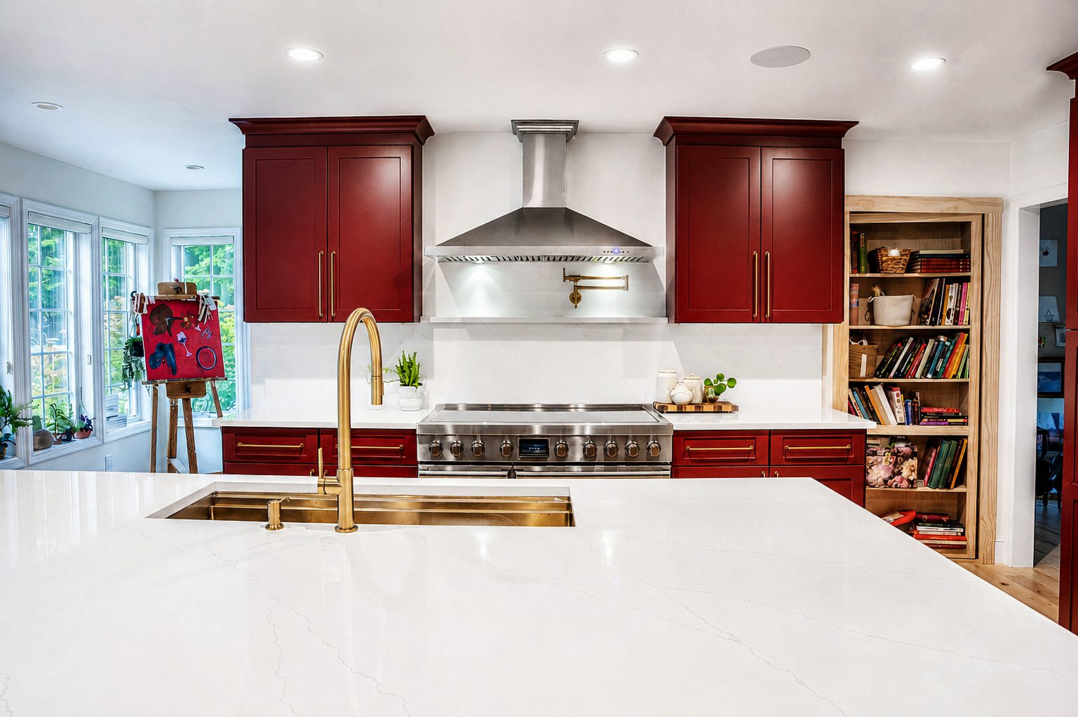 48-inch range with brass trim and hood in Cabernet Red cabinets