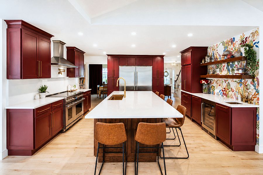 Red Galaxy shaker kitchen with a walnut Rye island