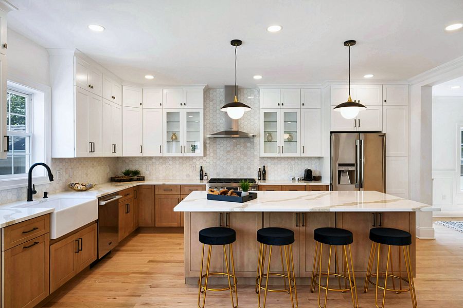Montclair new build: white shaker kitchen, oak bar and five baths