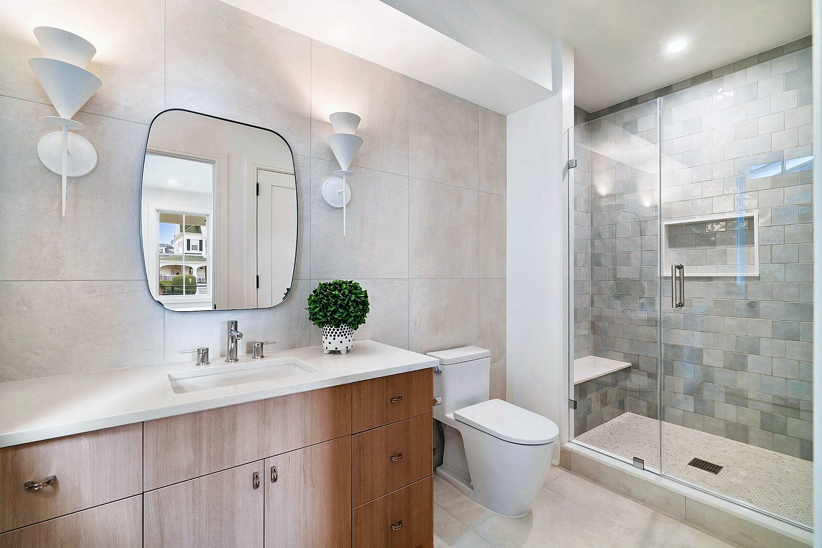 Bath with tiled walk-in shower