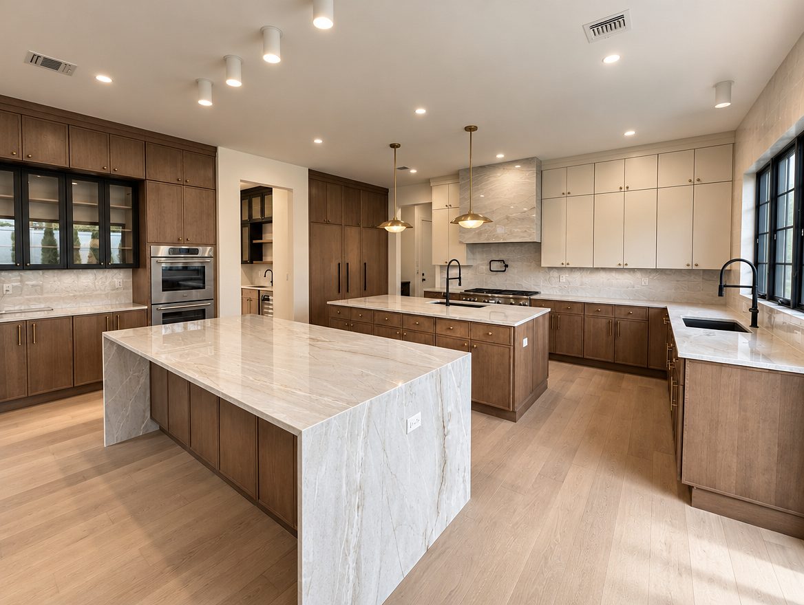 Custom walnut thin-shaker kitchen with two islands in Paramus, NJ — a veined waterfall-slab island in front of a walnut island