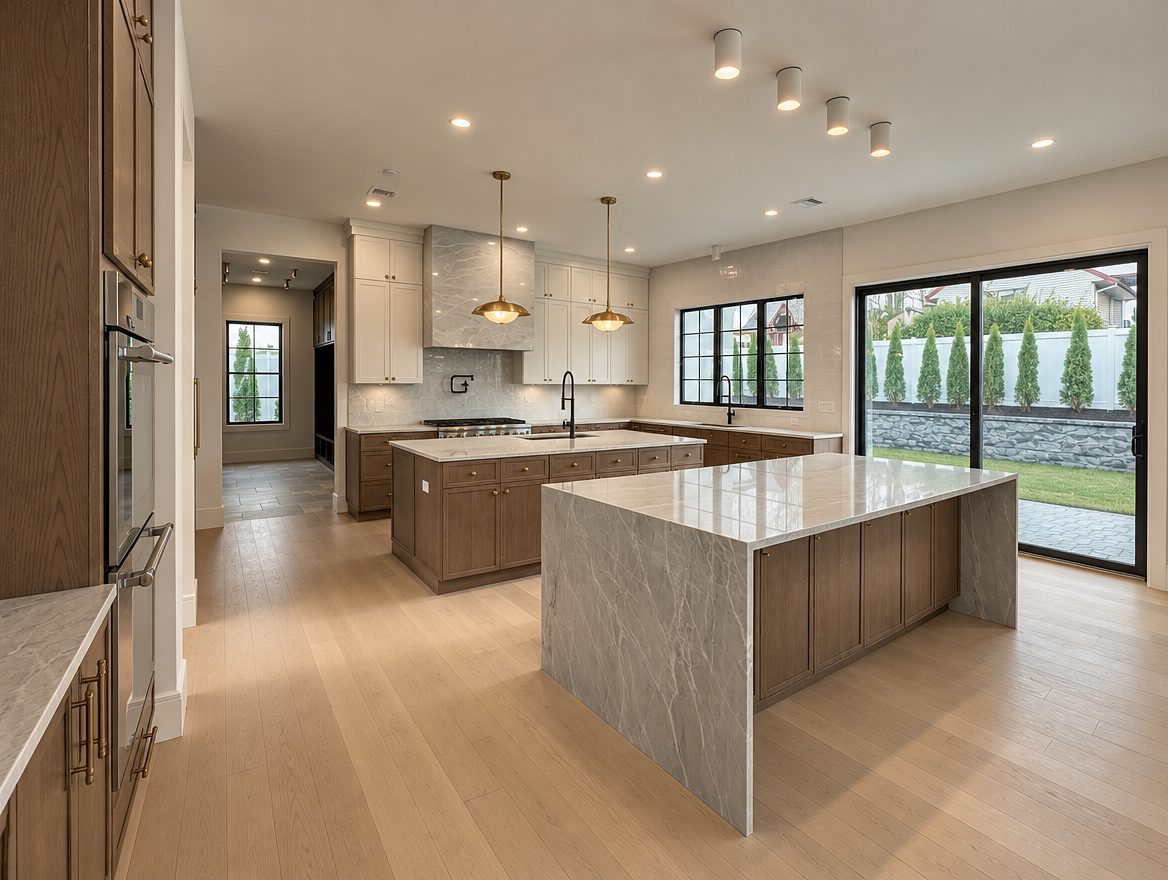 Walnut thin-shaker kitchen with two islands, white flat-panel uppers under a stone hood and black-framed windows — Paramus, NJ