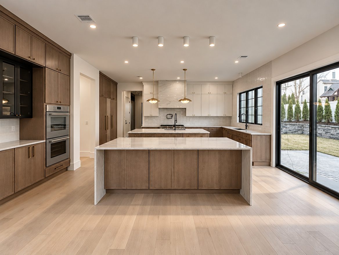 Tall walnut wall with stainless double ovens beside the walnut island and sliding doors to the patio — custom thin-shaker kitchen, Paramus, NJ