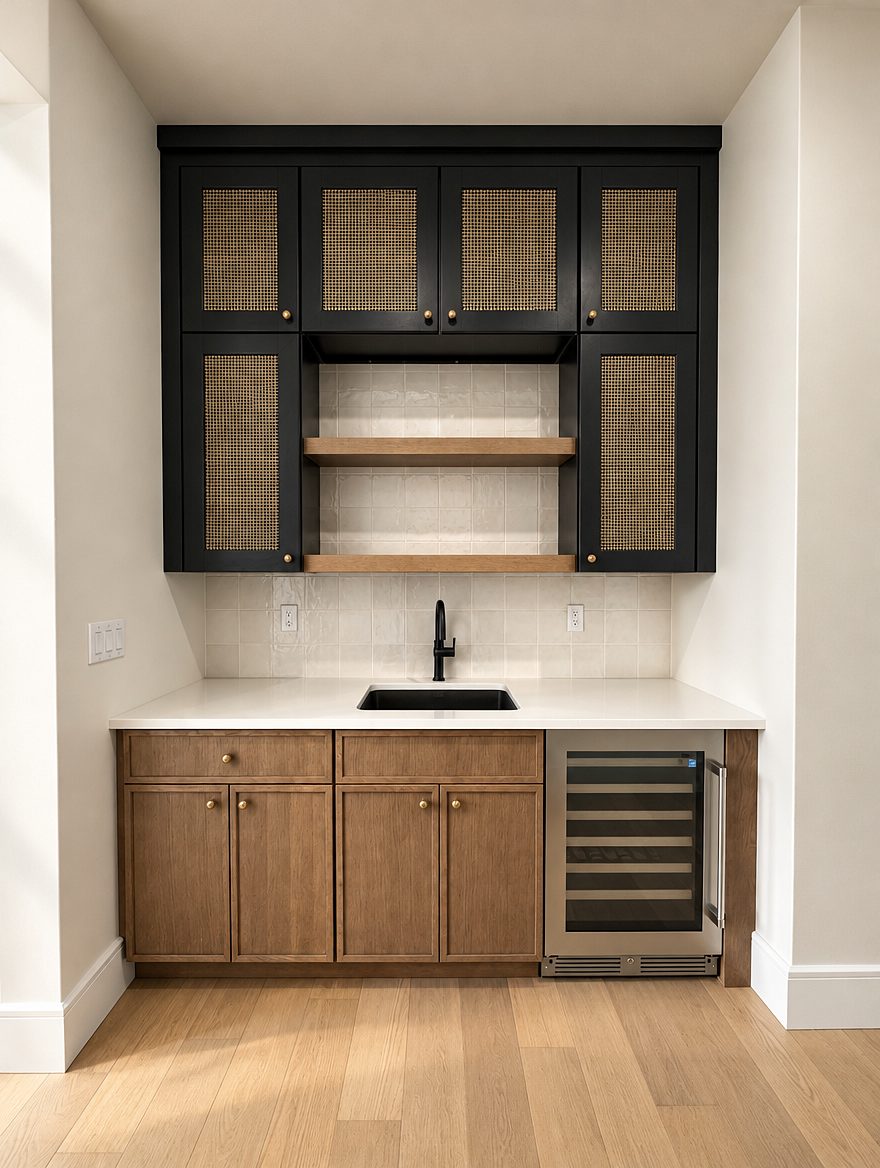 Bar nook with black cane-front uppers, open walnut shelves, a walnut base with brass knobs, a black faucet and a wine fridge — Paramus, NJ