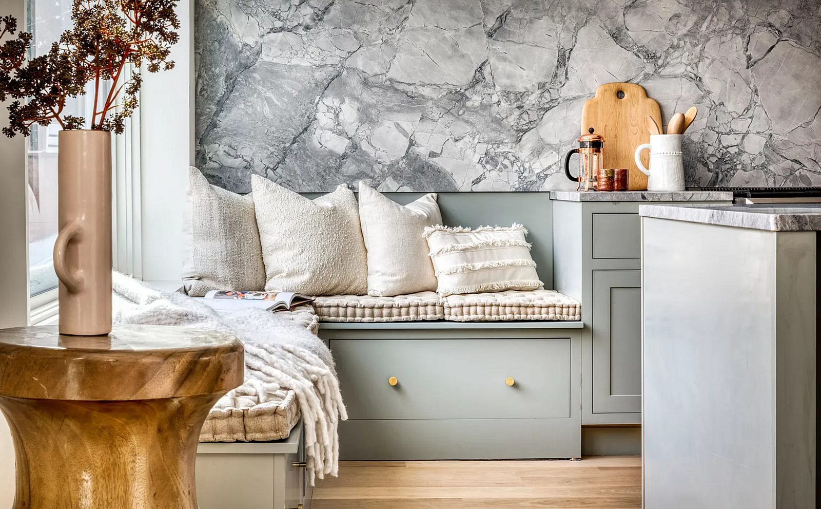Shiloh Hanover door, inset, Mindful Gray (archive label) — Shiloh Hanover inset in Mindful Gray with a marble slab backsplash