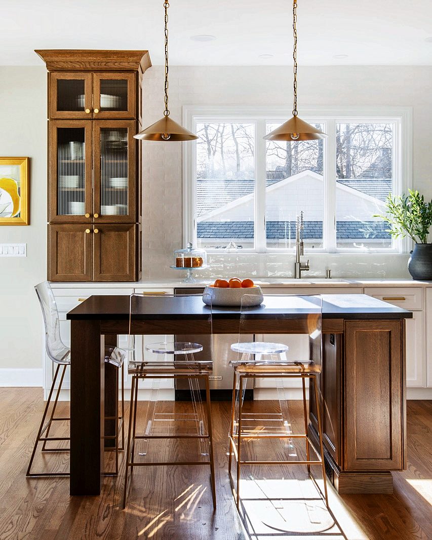 Black island with acrylic stools