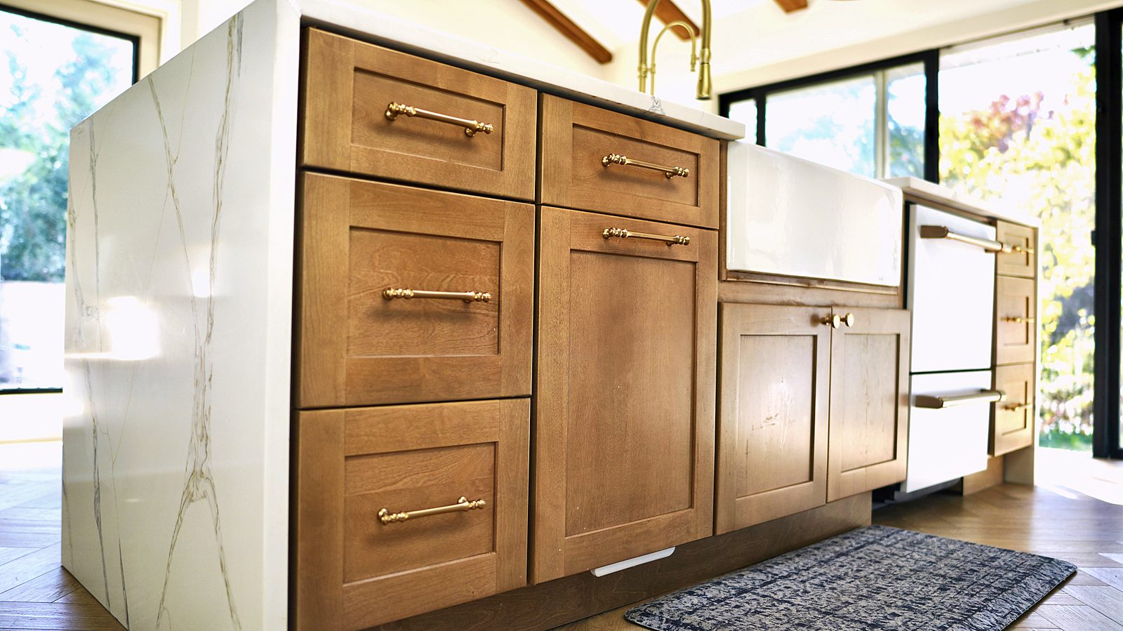 Timber island drawers with brass pulls