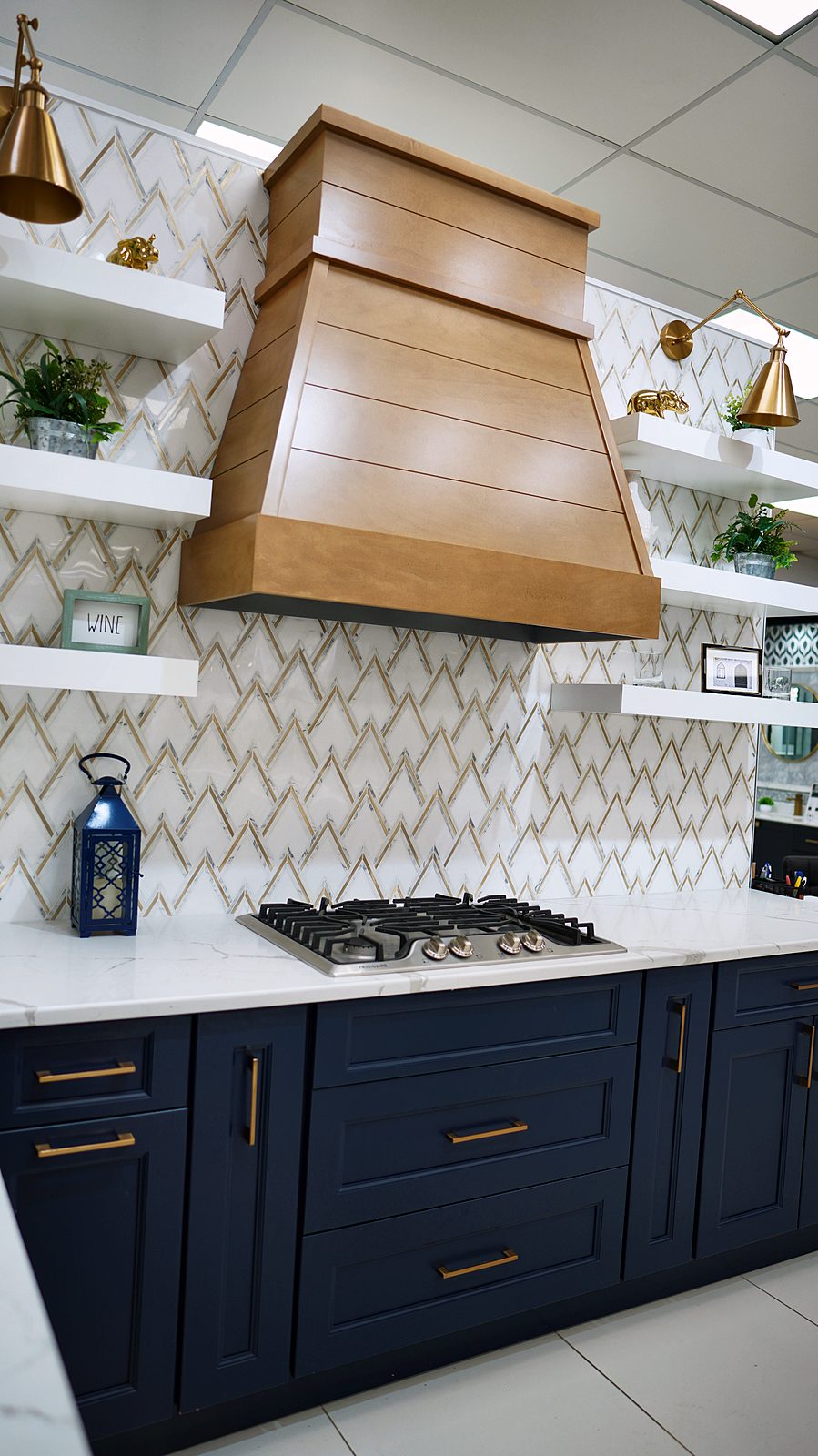 My House Kitchen Paramus showroom — Oak hood and navy display