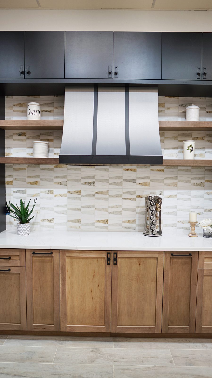 My House Kitchen Paramus showroom — Charcoal and oak display with white hood