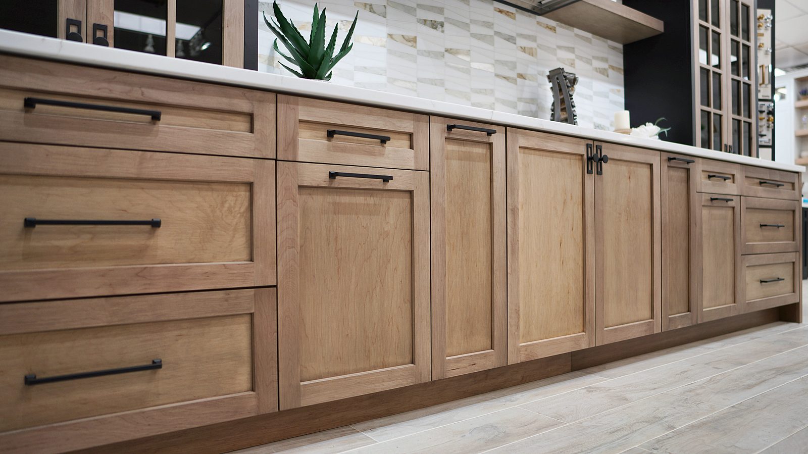 My House Kitchen Paramus showroom — Oak slab display