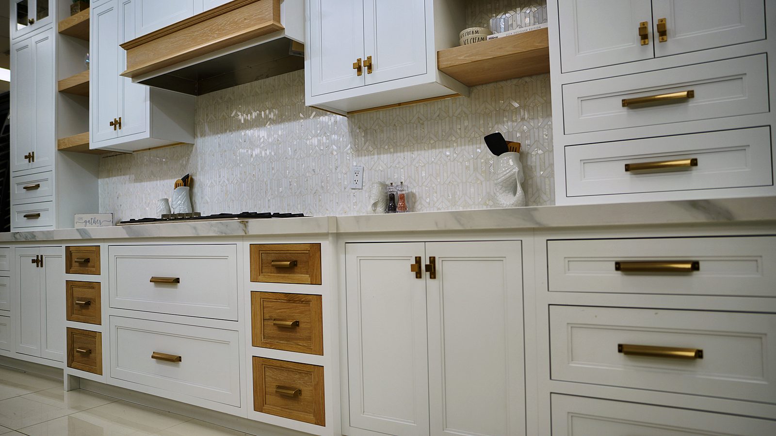My House Kitchen Paramus showroom — White inset display with oak drawers