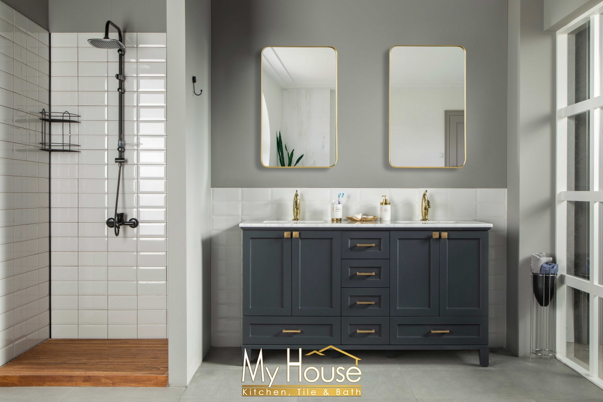 Otto Home Goods Paloma 60 Inch Dark Gray With Gold Handles Vanity