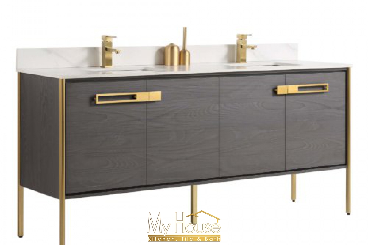 Fine Fixtures Oakville Vanity 72inch Black Coal Oak Satin Brass Vanity